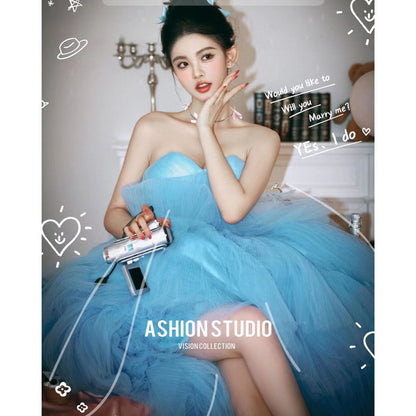 2025Temperament tube top light wedding dress  theme wedding dress new blue street photo interior photography clothing colorful women