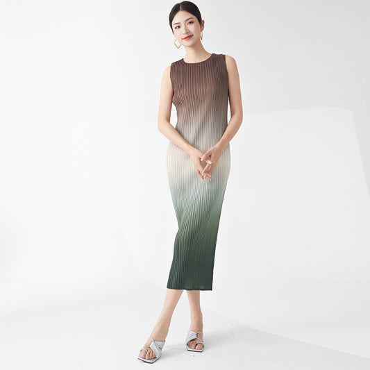 Gradual change women's summer dress high sense round neck sleeveless temperament elegant medium and long versatile hip skirt