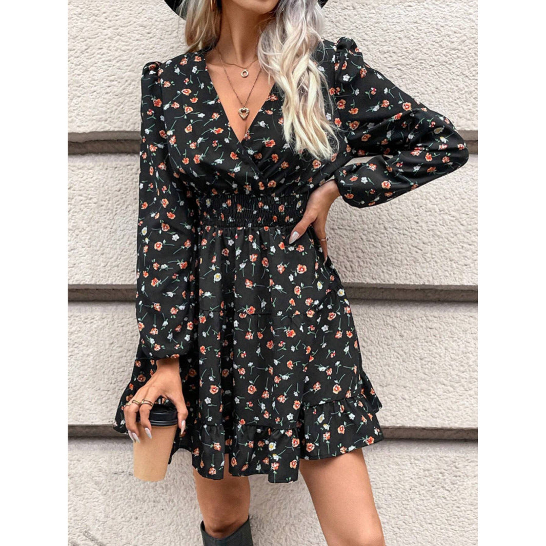 maoxiangshop teacher outfits Spring and Autumn New French Floral Print Lantern Sleeve Ruffled Hem Dress