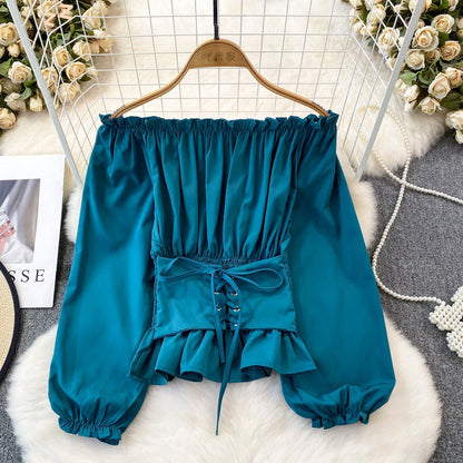 maoxiangshop grunge outfits Spring and Autumn Korean Style Hooded off-Shoulder off-Shoulder Waist Slimming Waist-Sealing Pullover Shirt Women's Western Style Short Top