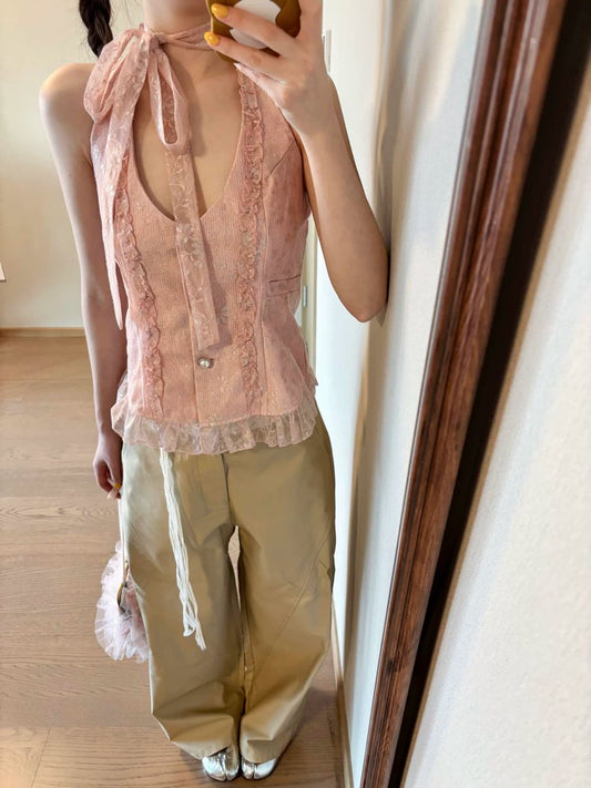 Pink lace neck sling vest design sense  new sweet and spicy vest top Popular pure desire style advanced