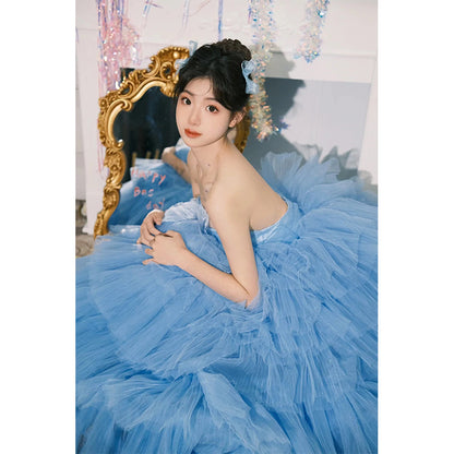 2025Temperament tube top light wedding dress  theme wedding dress blue birthday party photo interior photography clothing color yarn