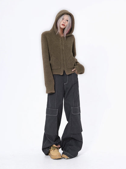 2025n retro soft waxy hooded sweater jacket women's autumn and winter popular camel long-sleeved knitted sweater top