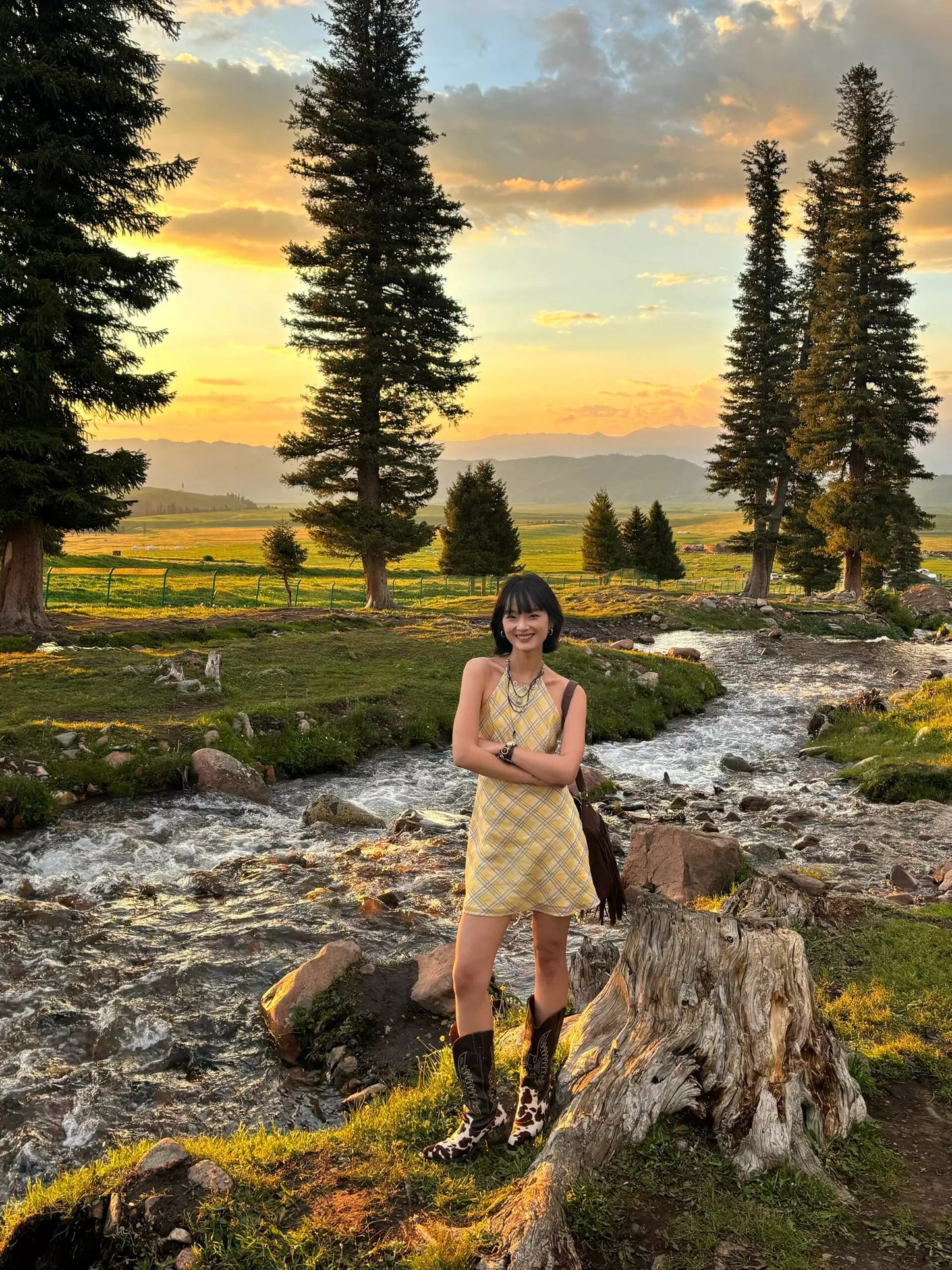 Iloveus summer lemonade vacation backless design hanging neck dress women's waist plaid skirt