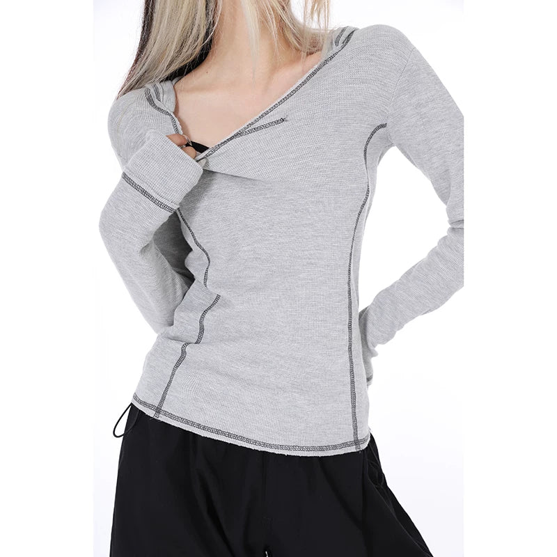 2025 hooded slim-fitting gray long-sleeved top women's autumn and summer design T-shirt Popular style bottoming shirt
