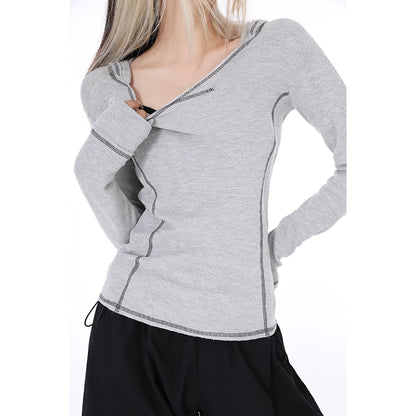 2025 hooded slim-fitting gray long-sleeved top women's autumn and summer design T-shirt Popular style bottoming shirt