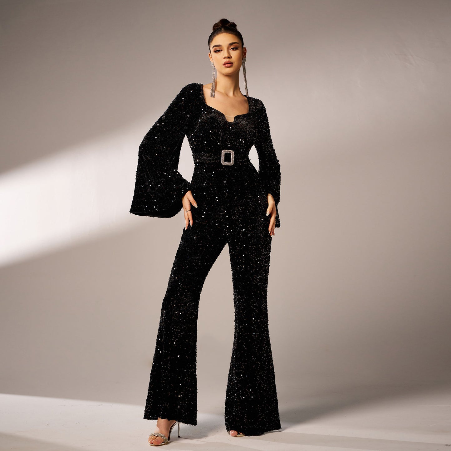 2025 women's clothing Middle East new high-end long-sleeved square collar slim-fit hip-wrapped banquet sequined evening dress jumpsuit
