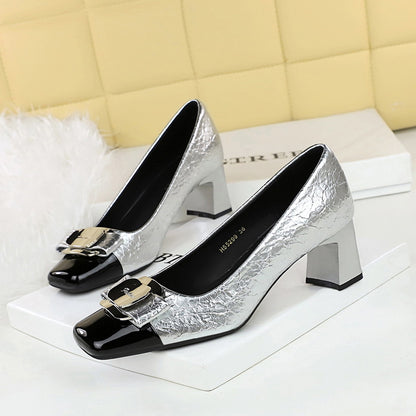 5299-K91 2025 style fashion professional OL commuter women's shoes color matching square head light mouth metal buckle bow single shoes
