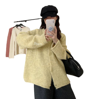 maoxiangshop-shop fall outfits 2024 Autumn New Gentle All-Match round Neck Large Button Knitted Cardigan Outer Wear Top Women's Loose Lazy Sweater Coat