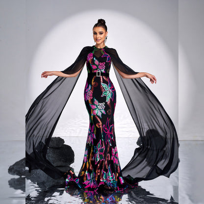 2025 women's clothing super long-sleeved crew neck sexy long sequined banquet fishtail evening dress bridesmaid dress dress