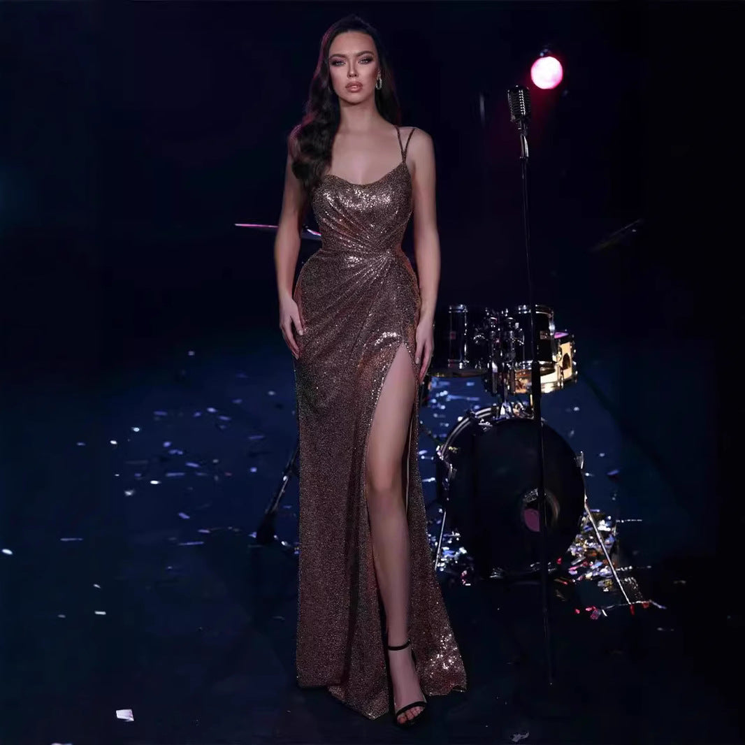 MAOXIANGSHOP 2025 2025 New women's clothing sequined split ends enlarged long dress sexy off-the-shoulder tube top swinging dress evening dress