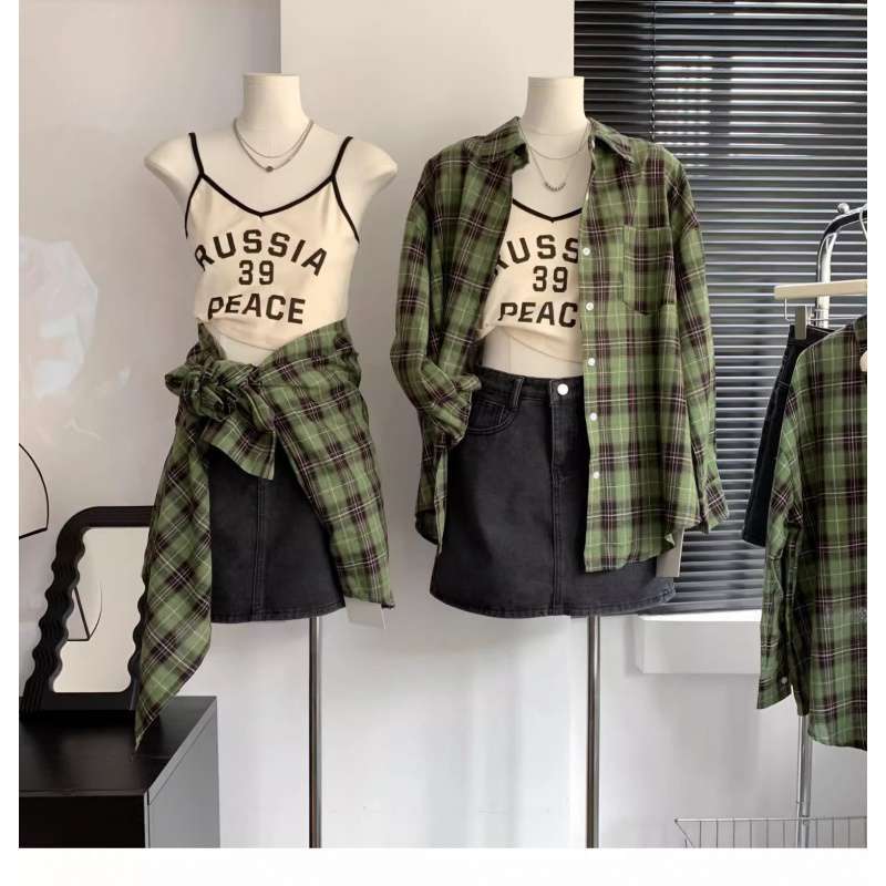 maoxiangshop-shop grunge outfits Women's White and Green Plaid Shirt, Large Loose Plaid Coat for Spring and Summer