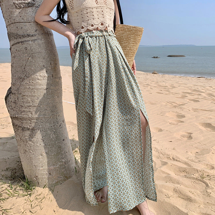 2025 High-waisted wide-leg pants women's summer Yunnan Xishuangbanna vacation culottes drape and elegant floor-mopping trousers open-ended beach pants