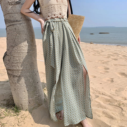 2025 High-waisted wide-leg pants women's summer Yunnan Xishuangbanna vacation culottes drape and elegant floor-mopping trousers open-ended beach pants