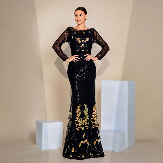 2025 high-end temperament sexy long sequins long sleeves crew neck banquet evening dress bridesmaid dress women