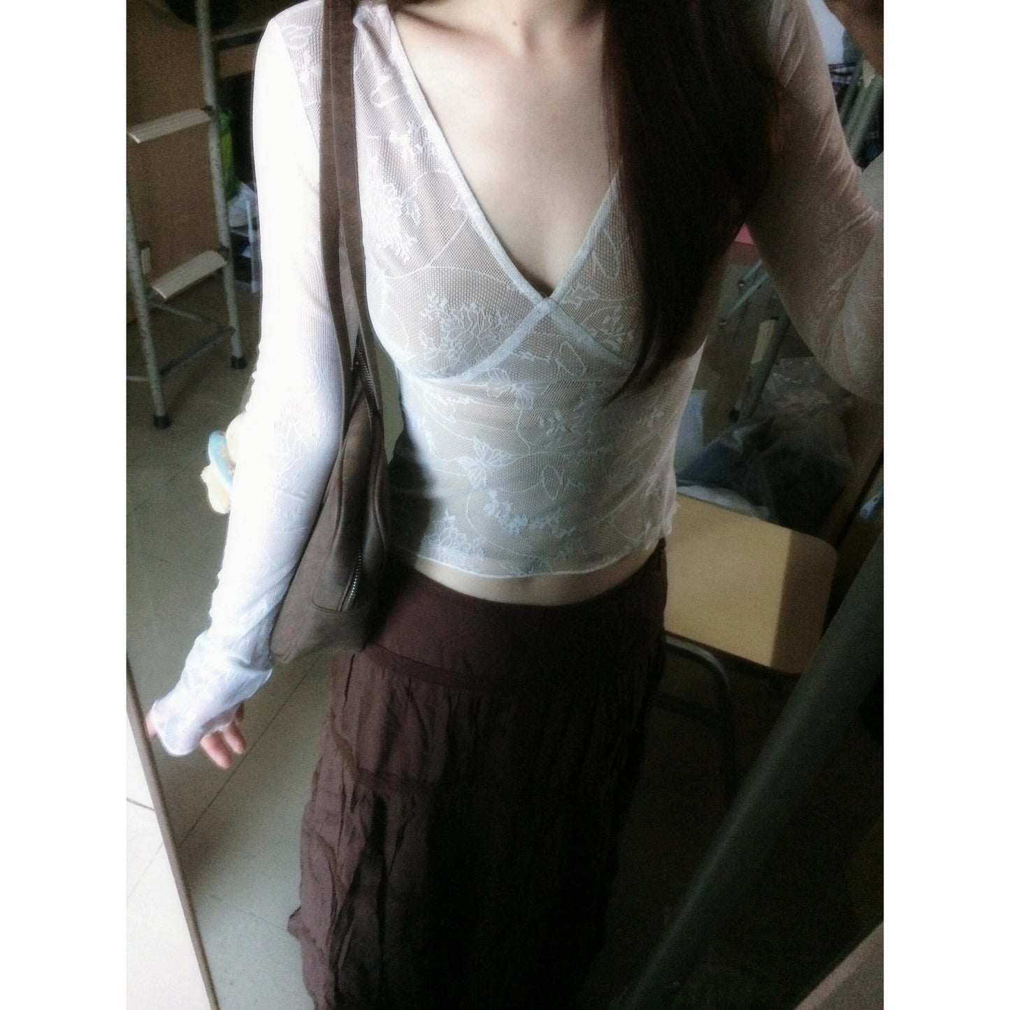 maoxiangshop grunge dti French Retro Top White V-neck Long-Sleeved T-shirt Women's Autumn Hot Girl Slim Lace Shirt High Waist Skirt Suit
