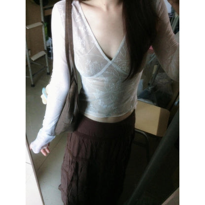 maoxiangshop grunge dti French Retro Top White V-neck Long-Sleeved T-shirt Women's Autumn Hot Girl Slim Lace Shirt High Waist Skirt Suit