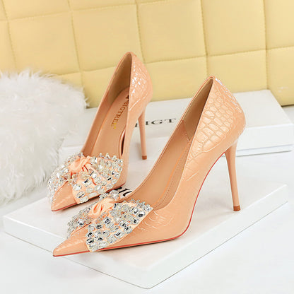 2025 3391-H9 Korean version of fashion banquet high heels thin heel super high heel shallow mouth pointed rhinestone bow single shoes women