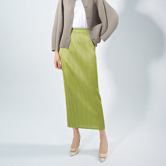 skirt, medium and long, high waist spring and summer drape solid color, high-end Popular style versatile pleated hip skirt looks thin