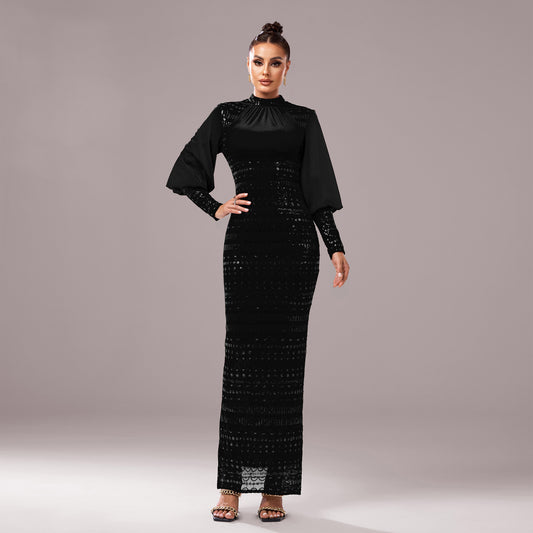 2025 new high-end long-sleeved crew neck banquet sequined hip-wrapped split evening dress bridesmaid dress women