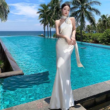 2025 Temperament  atmosphere Satin slanted shoulder streamer neck dress Sexy backless fishtail hip wrap dress dress