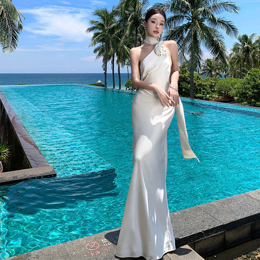 2025 Temperament  atmosphere Satin slanted shoulder streamer neck dress Sexy backless fishtail hip wrap dress dress