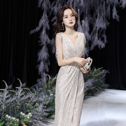 Small evening dress dress women's 2025 spring new champagne celebrity temperament banquet host dress can be worn at ordinary times