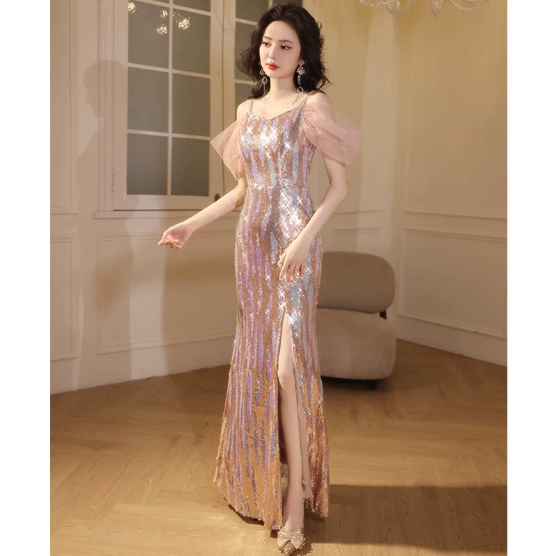Evening dress high-end atmosphere high-grade women's  new light luxury niche socialite high-end sense shining fishtail skirt autumn