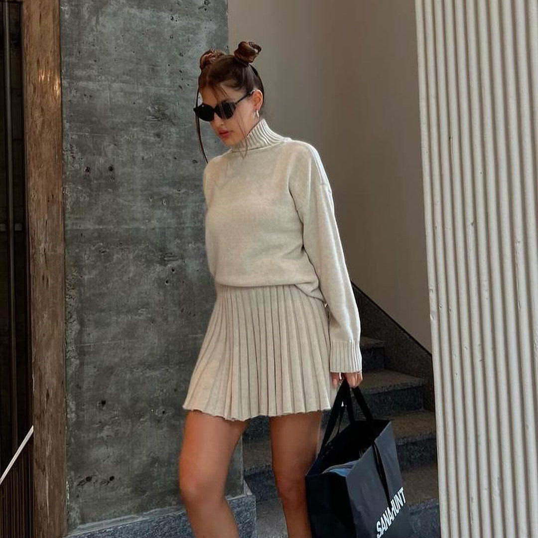 maoxiangshop outfit inspo Suit Women's Fashion Turtleneck Knitted Sweater Women's Autumn and Winter Solid Color Pleated Skirt Short Skirt Two-Piece Set