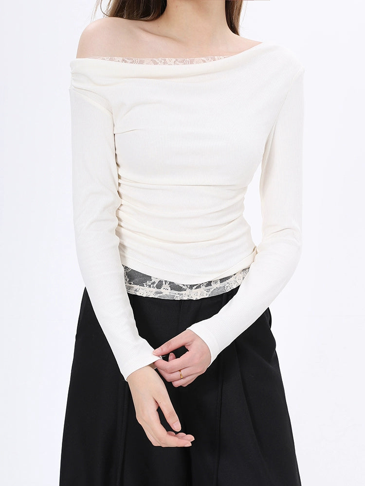 autumn popular pure desire sexy top female 2025n Spice Girl temperament slim lace slanted shoulder long sleeve T-shirt