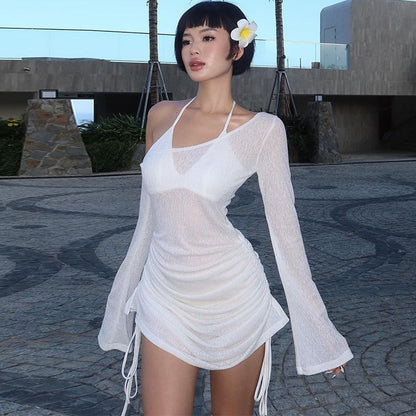 women's clothing spring and summer new style fashion sexy hollow perspective oblique collar seaside beach hip dress