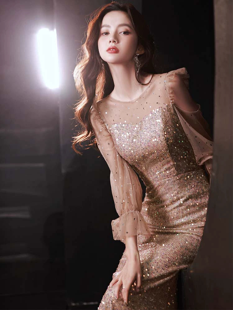 High-end evening dress new  explosion temperament celebrity high sense light luxury niche sequins fishtail host autumn