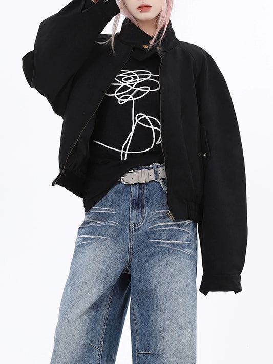 2025n retro black stand-up collar short flight jacket loose warm windproof high-end top coat women