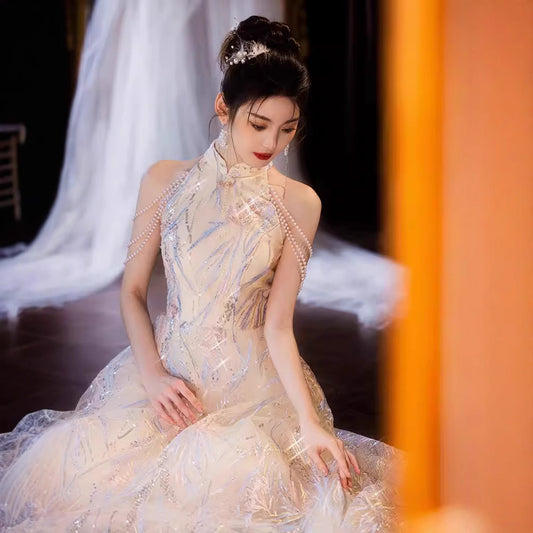New Chinese high-end sense light luxury engagement evening dress dress women 2025 new high-end toasting clothes bridal temperament long