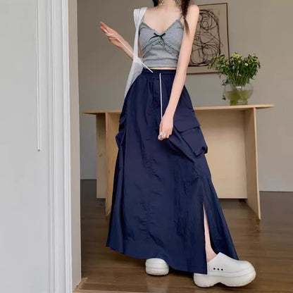 maoxiangshop 90s fashion 2024 Gentle Style Blue Drawstring Skirt Women's Early Autumn Lazy Slimming A- line Skirt Long Skirt