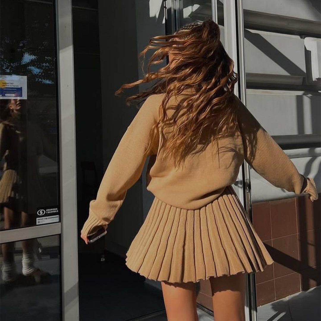 maoxiangshop outfit inspo Suit Women's Fashion Turtleneck Knitted Sweater Women's Autumn and Winter Solid Color Pleated Skirt Short Skirt Two-Piece Set