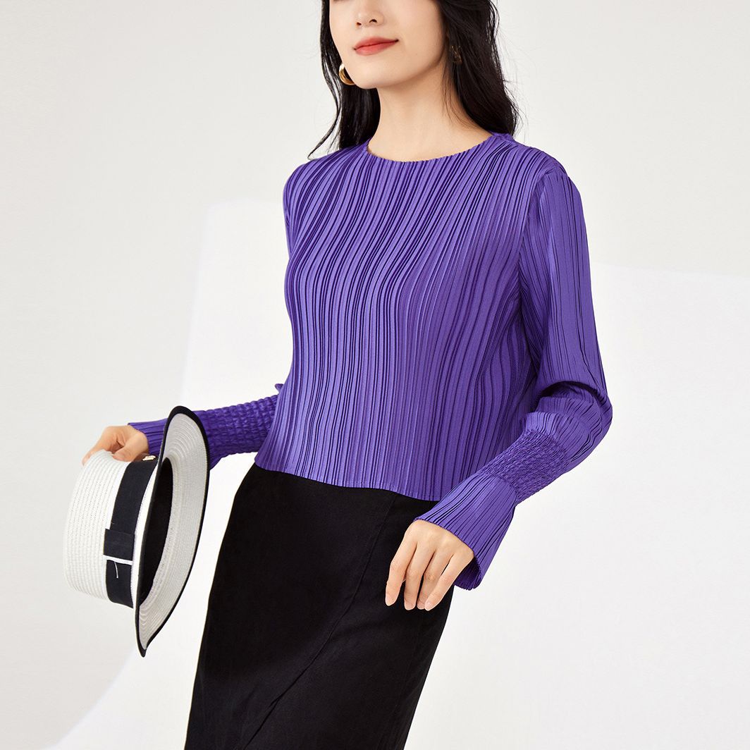 2025 Pleated top autumn new women's texture bottoming shirt women's design short long-sleeved T-shirt slim and thin