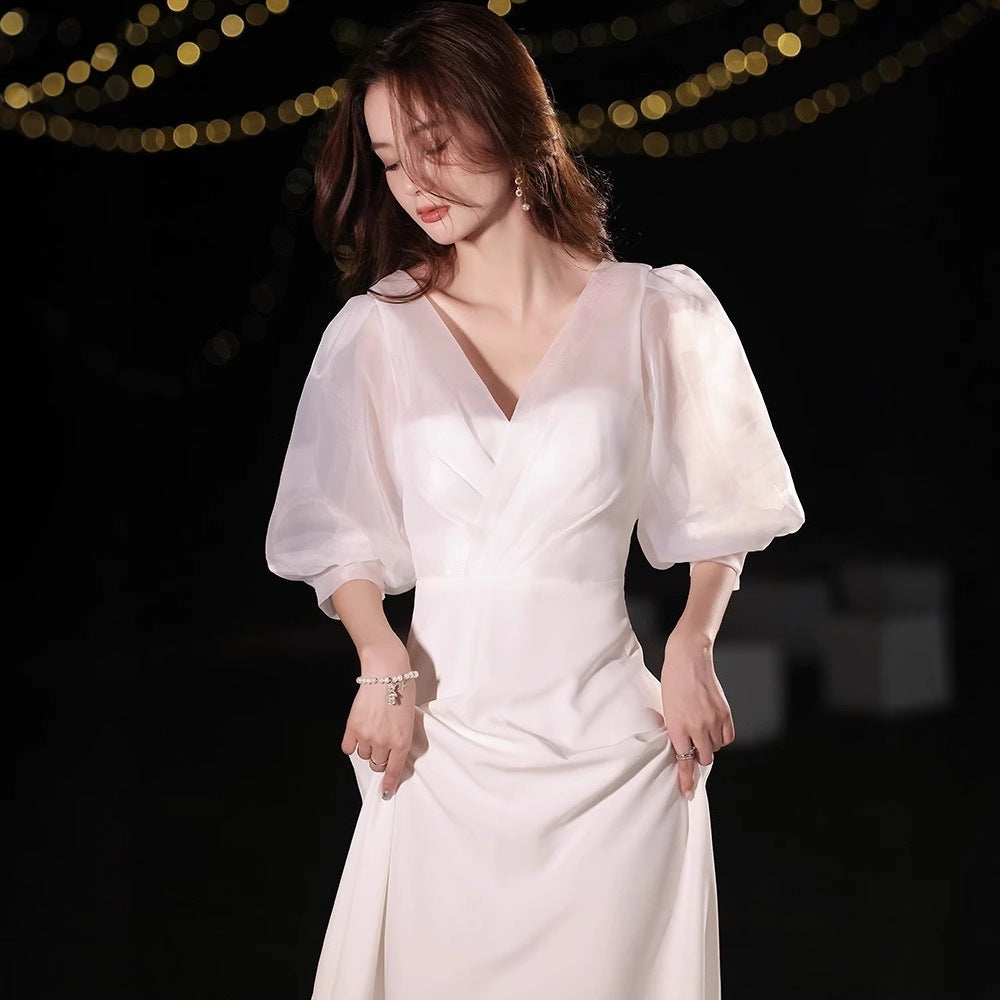 2025 White evening dress skirt women's light luxury niche high-end banquet socialite noble and elegant temperament annual meeting host birthday