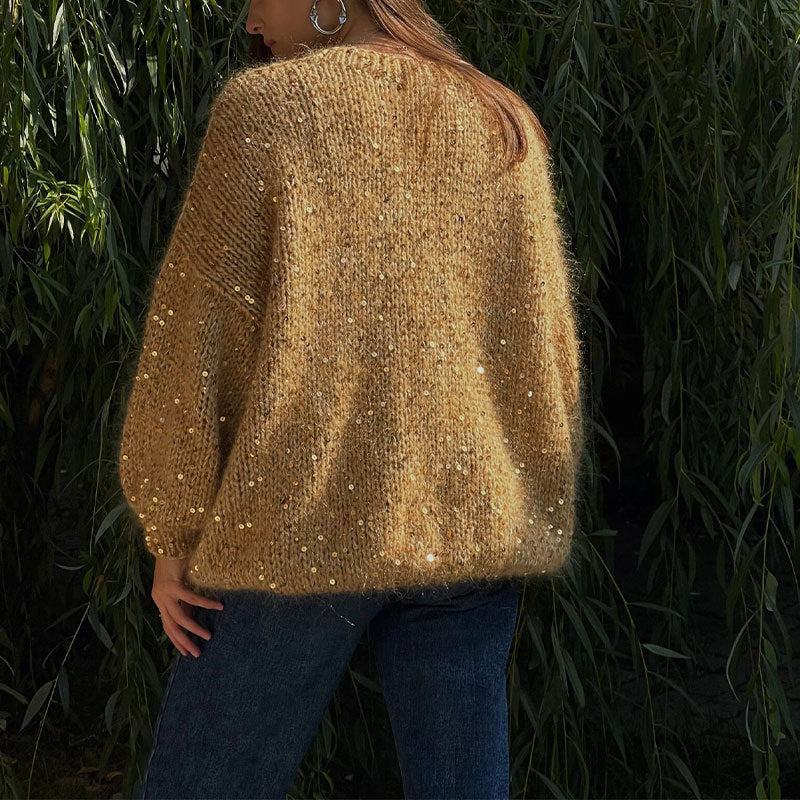 MAOXIANGSHOP 2025 Fashion sequined mohair sweater 2023  New new product loose round neck lantern sleeve pullover knitted sweater