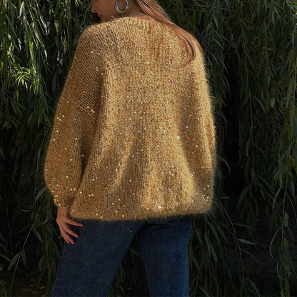 MAOXIANGSHOP 2025 Fashion sequined mohair sweater 2023  New new product loose round neck lantern sleeve pullover knitted sweater