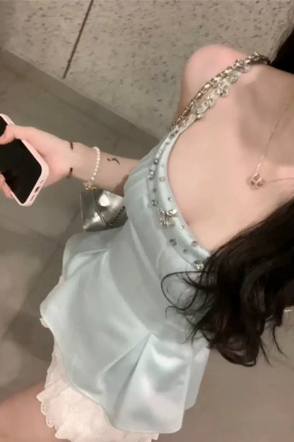 Diamond luster heavy industry temperament rhinestone satin suspender women's sweet delicate top women's outer vest silk top