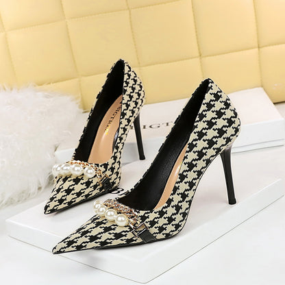 9283-1 2025 style thousand bird grid high heels thin heel high heel shallow mouth pointed pearl chain plaid pattern women's single shoes