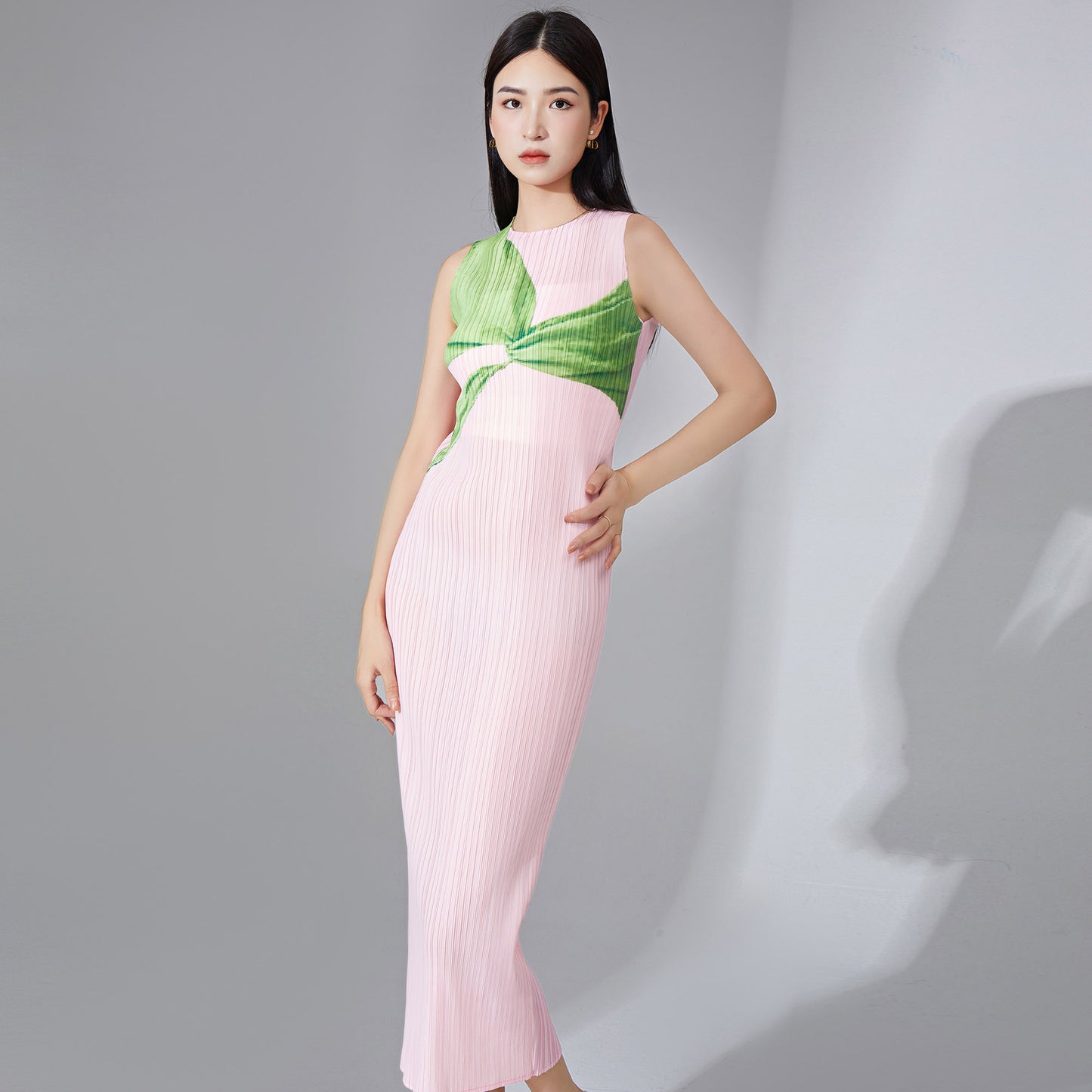 dress long high-end temperament sleeveless printing fashionable and elegant versatile one-step skirt pleated skirt summer