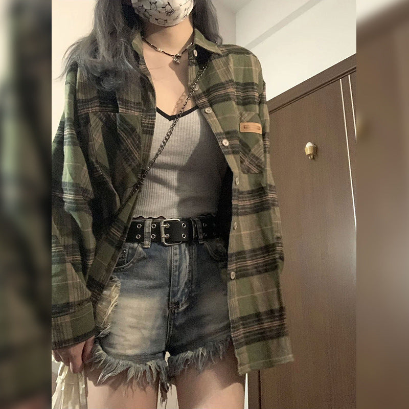maoxiangshop grunge outfits Retro Green Plaid Shirt Coat for Women Spring and Autumn 2024 New Small Loose Slimming Shirt Top