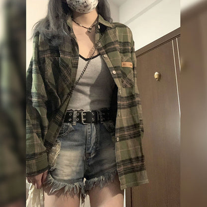 maoxiangshop grunge outfits Retro Green Plaid Shirt Coat for Women Spring and Autumn 2024 New Small Loose Slimming Shirt Top