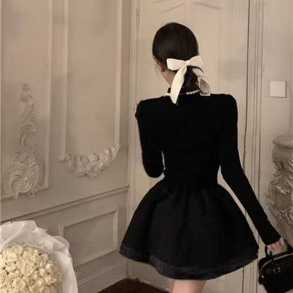 2025 small fragrant style long-sleeved dress women's black Hepburn style daughter gold small black dress thin a word short skirt fluffy skirt