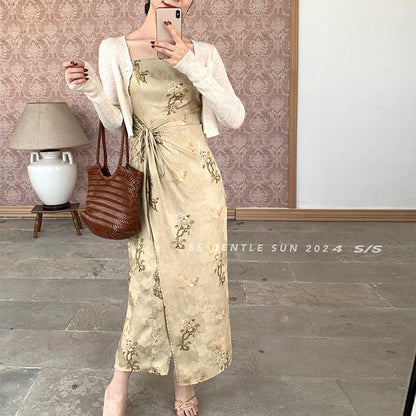 2025 summer new new Chinese high waist retro suspender dress elegant printing pure desire skirt 286674