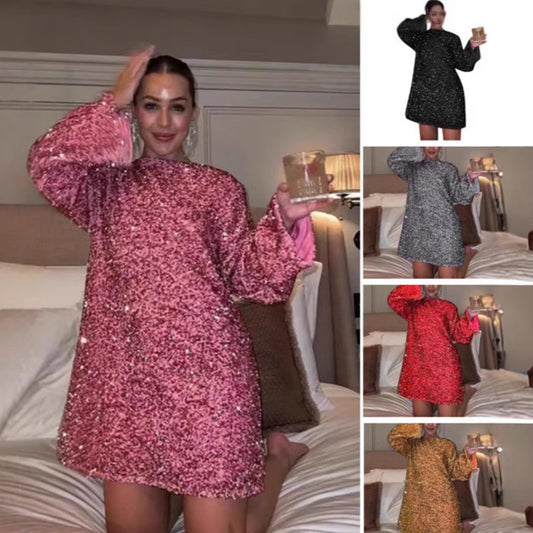 MAOXIANGSHOP 2025 Spring and Autumn Cross-border  Women's Clothing Crew Neck 2025 Long Sleeve Loose Large Size Sexy Sequin Short Dress