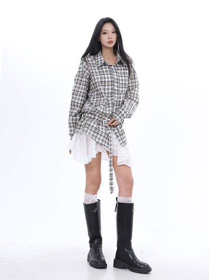SXL2025 Spring 2025n Easy and Lazy Loose Plaid Lace-Up Shirt Women's Outer with Small Jacket Top