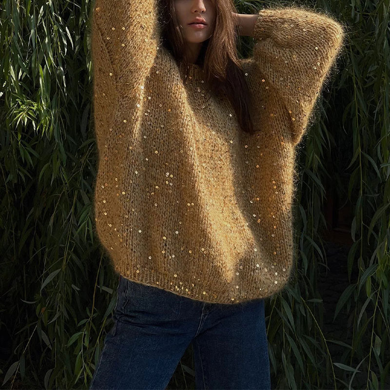 MAOXIANGSHOP 2025 Fashion sequined mohair sweater 2023  New new product loose round neck lantern sleeve pullover knitted sweater